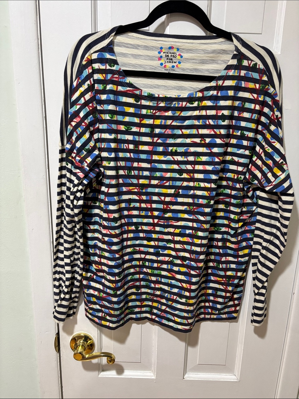 J. Crew Navy and White Striped Scoop-Neck Sweater with Multicolor Floral Print